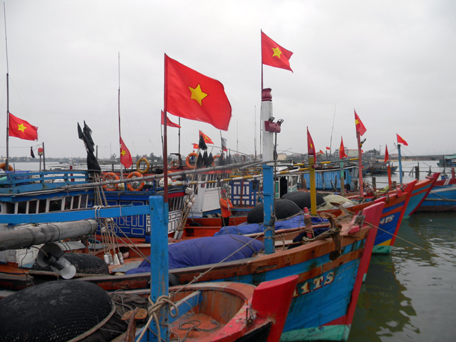 Đội tàu đánh bắt xa bờ của thôn xã Hải Ninh đang neo đậu tại sông Nhật Lệ, chuẩn bị cho hành trình đi biển mới.