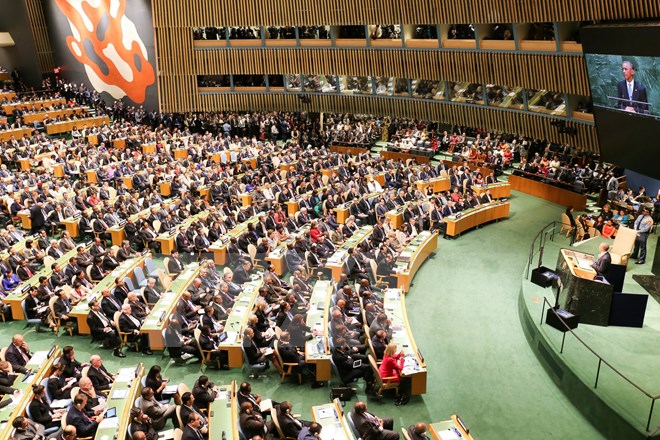 Một phiên họp toàn thể cấp cao của Đại hội đồng Liên hợp quốc. (Ảnh: Lê Dương/TTXVN)