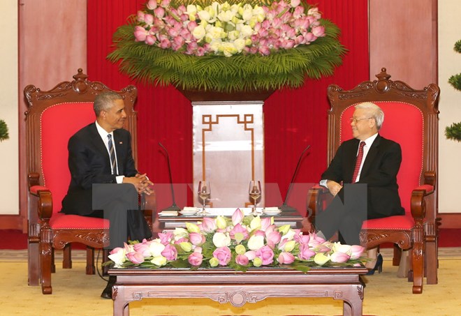  Tổng Bí thư Nguyễn Phú Trọng tiếp Tổng thống Hợp chúng quốc Hoa Kỳ Barack Hussein Obama thăm chính thức Việt Nam. (Ảnh: Trí Dũng/TTXVN)