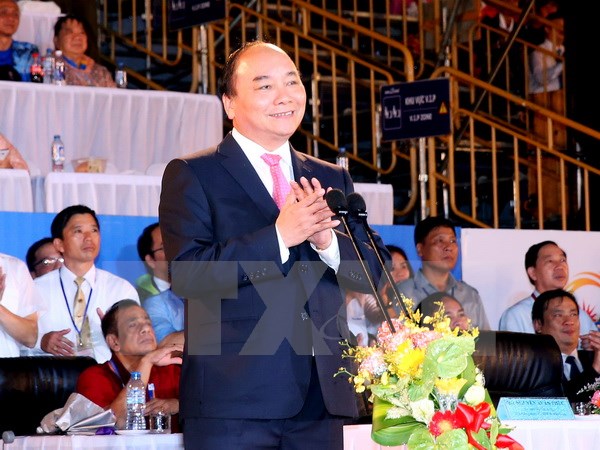Thủ tướng Nguyễn Xuân Phúc phát biểu, tuyên bố khai mạc Đại hội. (Ảnh: Thống Nhất/TTXVN)