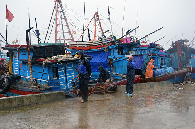 Tàu cá tránh trú bão ở Cảng cá Thanh Khê (Bố Trạch).