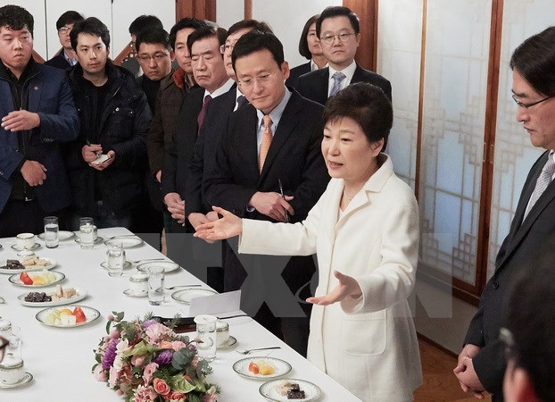 Tổng thống Hàn Quốc Park Geun-hye trong cuộc gặp báo giới ở Seoul ngày 1-1. (Nguồn: Yonhap/TTXVN)