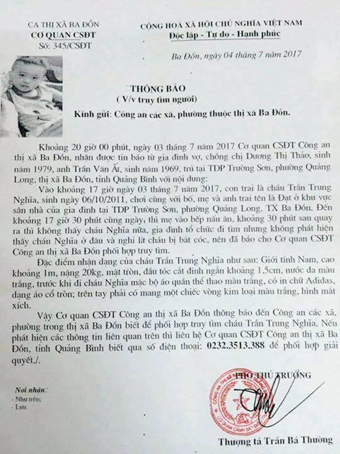 Thông báo số 345/CSĐT ngày 4-7-2017 của Công an TX.Ba Đồn gửi Công an các xã, phường thuộc Thị xã về việc tìm bé Trần Trung Nghĩa bị mất tích. 