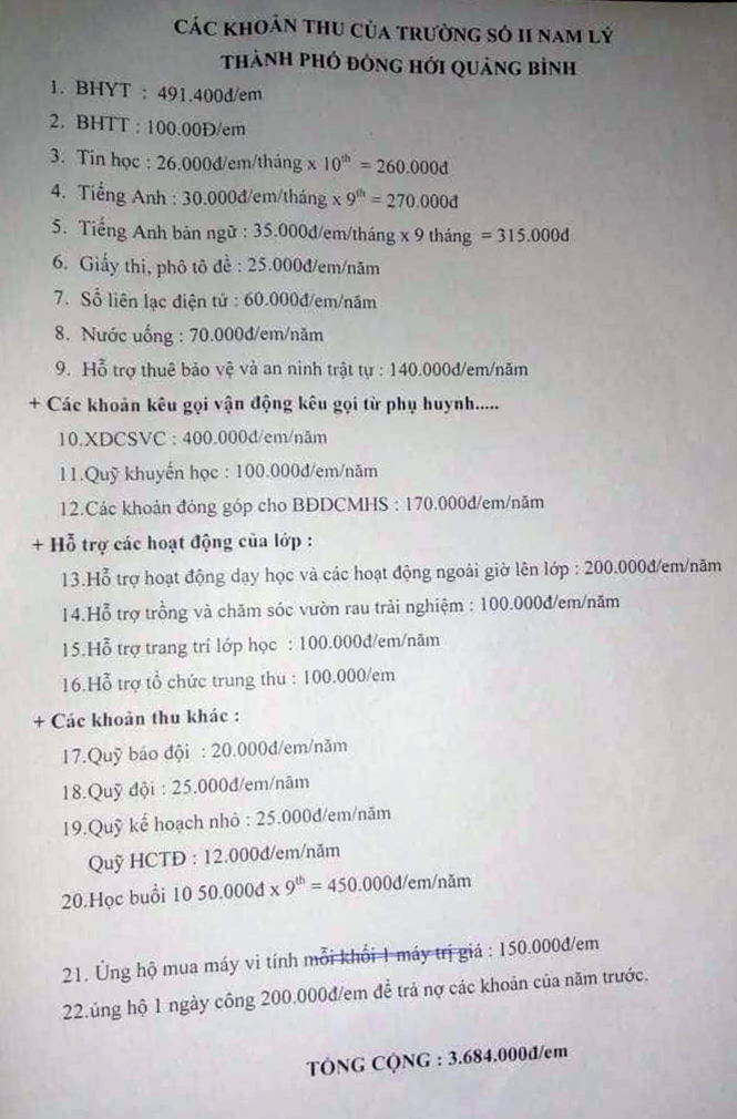 Danh sách các khoản thu ở Trường tiểu học số 2 Nam Lý.