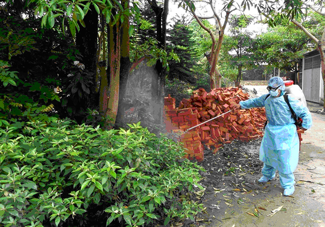  Cán bộ Trung tâm Y tế dự phòng huyện Quảng Ninh phun hóa chất diệt muỗi tại khu dân cư.
