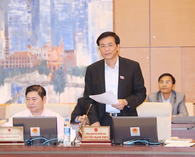 Tổng Thư ký Quốc hội Nguyễn Hạnh Phúc phát biểu. (Ảnh: Trọng Đức/TTXVN)