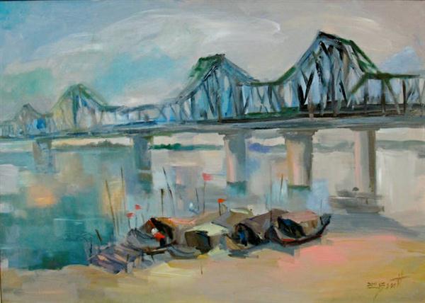 Cầu Long Biên một thời bình yên, sơn dầu của Phạm Kim Bình.