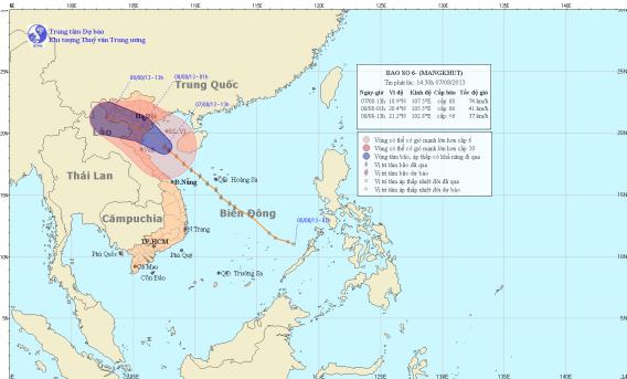 Đường đi và vị trí cơn bão số 6. (Nguồn: TT DBKTTV TƯ).