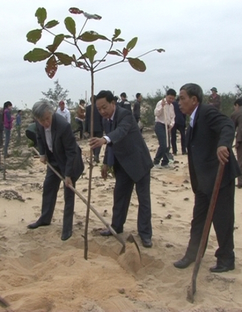 Các đồng chí lãnh đạo huyện Bố Trạch trồng cây đầu xuân.