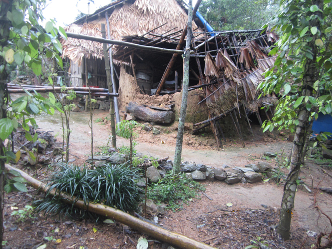 Ngôi nhà xiêu vẹo, sắp sập đổ lại là nơi tá túc của ba mẹ con bà Nguyễn Thị Dinh.