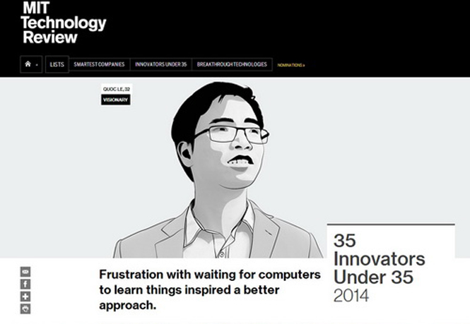  Chân dung Lê Viết Quốc trong phần giới thiệu 35 Nhà sáng tạo dưới 35 tuổi của năm 2014 trên trang web của MIT Technology Review