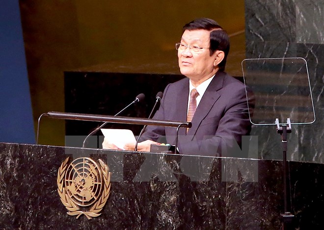 Chủ tịch nước Trương Tấn Sang phát biểu tại phiên khai mạc Hội nghị Thượng đỉnh Liên hợp quốc. (Ảnh: Nguyễn Khang/TTXVN)