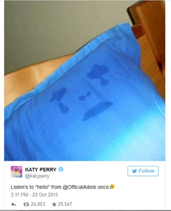 Singer Katey Perry also posted a photo on Twitter of her tear-soaked pillow with the caption: 'Just listened to Hello by Adele.'