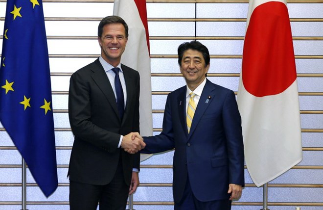 Thủ tướng Nhật Bản Shinzo Abe đón tiếp người đồng cấp Hà Lan Mark Rutte. (Nguồn: AFP)