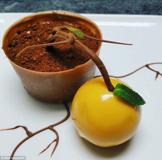 Món ăn này nhìn chính xác là một cây cam mini mọc trong một chậu hoa nhỏ với duy nhất một quả cam trĩu xuống đất, nhưng thực ra, đó là một chiếc bánh mousse sôcôla mang hình quả cam với nước ép cam tươi, mọc trong chiếc chậu đầy 