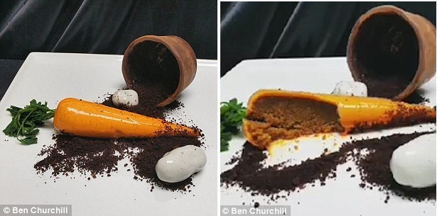  Món ăn này là món bánh cà rốt, với đất và đá được làm từ sôcôla. (Nguồn: Dailymail)
