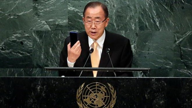 Tổng Thư ký Liên hợp quốc Ban Ki-moon phát biểu khai mạc phiên họp cấp cao thường niên của Đại hội đồng Liên hợp quốc. (Nguồn: Reuters)