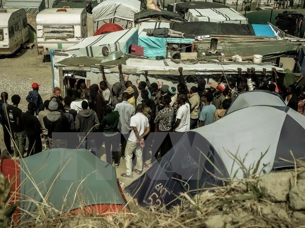 Người di cư xếp hàng nhận lương thực cứu trợ tại Calais, Pháp ngày 22-8 vừa qua. (Ảnh: AFP/TTXVN)