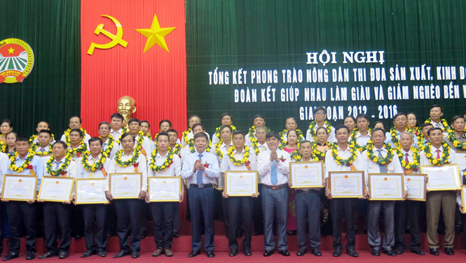Đồng chí Nguyễn Hữu Hoài, Phó Bí thư Tỉnh ủy, Chủ tịch UBND tỉnh trao bằng khen của UBND tỉnh cho các hội viên nông dân tiêu biểu trong phong trào thi đua SXKDG.