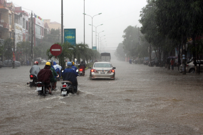 Đường Trần Hưng Đạo ít khi bị ngập, bây giờ phương tiện lưu thông như bơi trong nước.