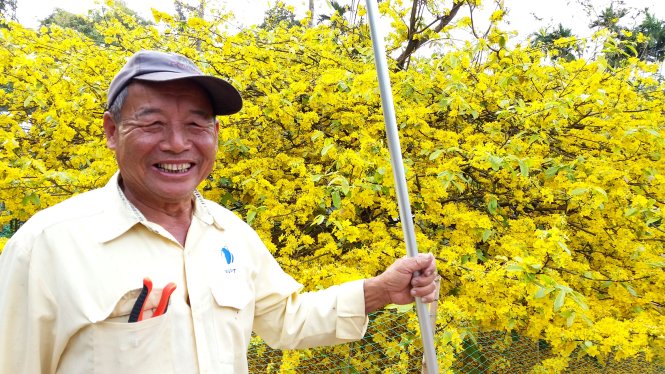 Nụ cười miền Tây của ông Ba Đối bên cây mai cổ thụ - Ảnh: HOÀNG TIẾN