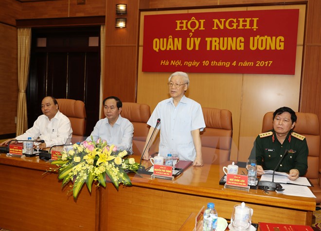 Tổng Bí thư Nguyễn Phú Trọng, Bí thư Quân ủy Trung ương phát biểu tại Hội nghị. (Ảnh: Trí Dũng/TTXVN)