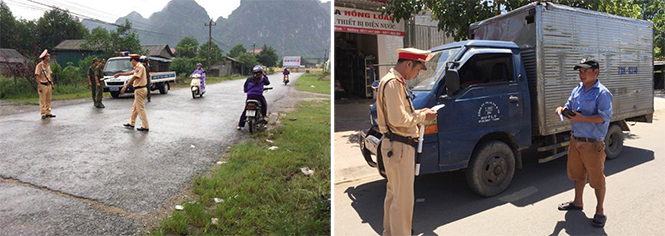 Lực lượng Cảnh sát giao thông Công an huyện Minh Hóa đang tuần tra, kiểm soát TTATGT trên địa bàn.