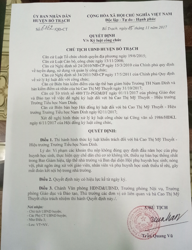 Quyết định kỷ luật Hiệu trưởng Trường tiểu học Nam Dinh Cao Thị Mỹ Thuyết. 