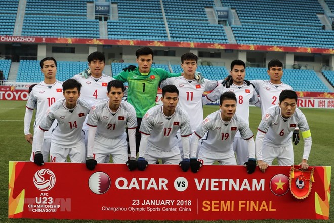 Đội U23 Việt Nam trước trận bán kết gặp U23 Qatar. (Nguồn: THX/TTXVN)