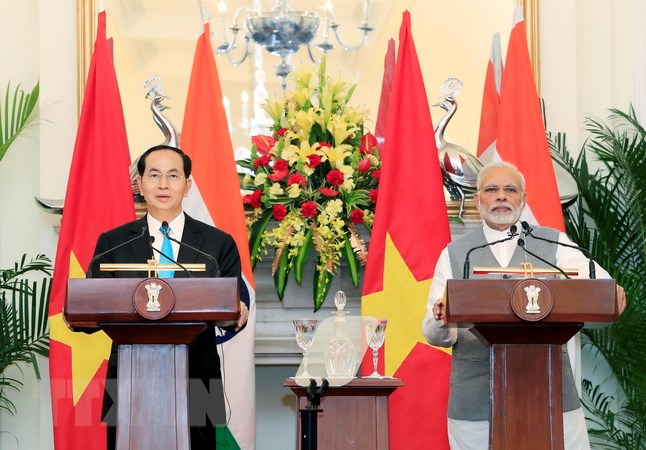 Ngày 3-3-2018, tại Thủ đô New Dehl, Chủ tịch nước Trần Đại Quang và Thủ tướng Cộng hoà Ấn Độ Narendra Modi họp báo sau khi kết thúc hội đàm. (Ảnh: Nhan Sáng/TTXVN)