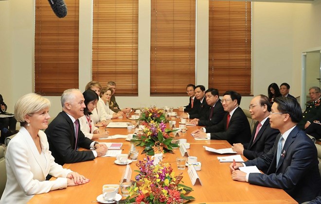 Thủ tướng Australia Malcolm Turnbull và Thủ tướng Nguyễn Xuân Phúc hội đàm. (Ảnh: Thống Nhất/TTXVN)
