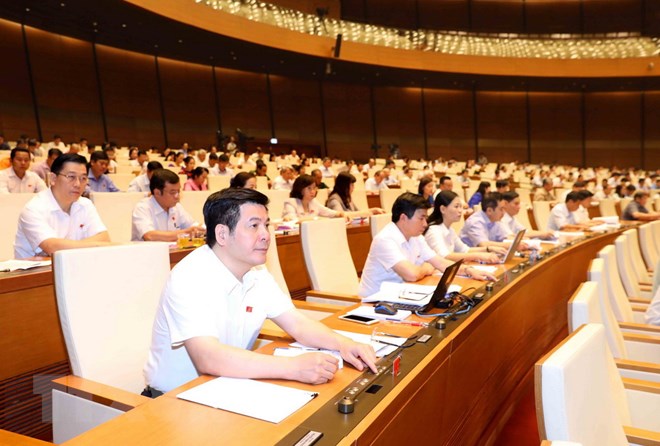 Đại biểu Quốc hội tỉnh Thái Bình biểu quyết thông qua dự thảo Luật Quốc phòng (sửa đổi). (Ảnh: Phương Hoa/TTXVN)