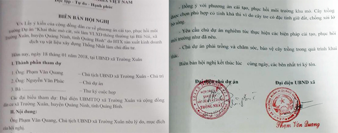 Biên bản hội nghị ngày 18-1-2018 tại UBND xã Trường Xuân bị người dân thôn Kim Sen tố cáo là giả mạo.