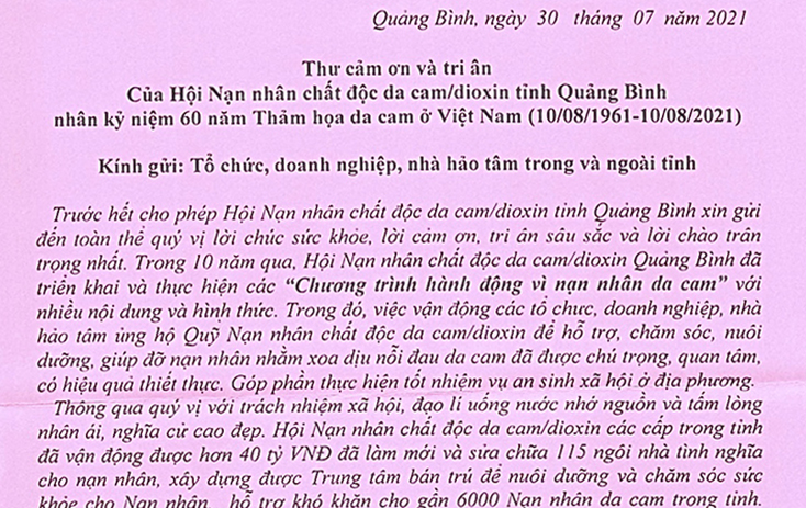 Thư cảm ơn của Hội Nạn nhân chất độc da cam/dioxin tỉnh Quảng Bình