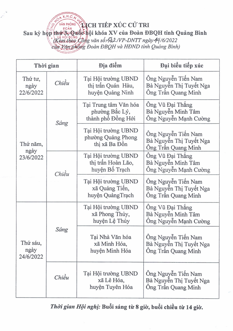 Thông báo lịch tiếp xúc cử tri sau kỳ họp thứ 3, Quốc hội khóa XV