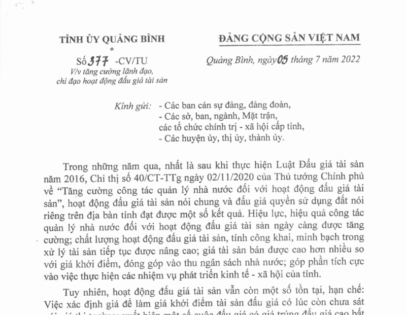 Tăng cường lãnh đạo, chỉ đạo hoạt động đấu giá tài sản