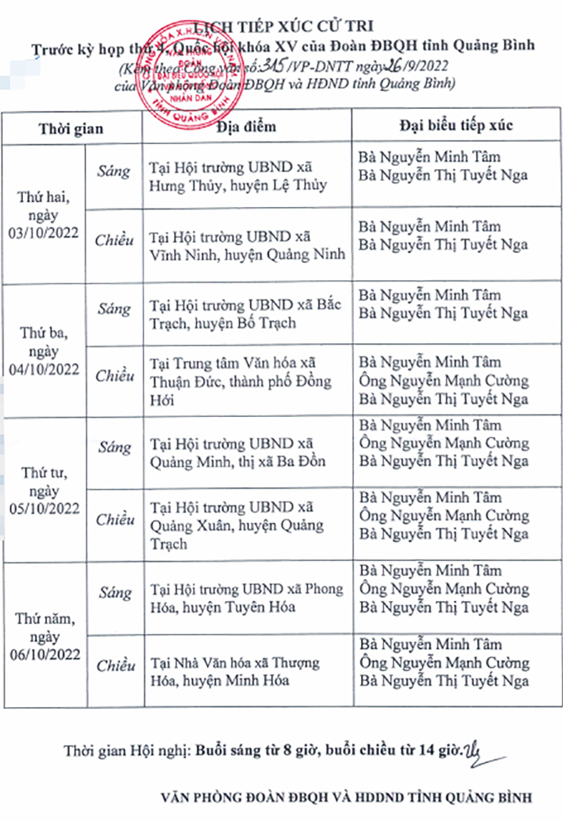 Đoàn ĐBQH tỉnh sẽ tổ chức TXCT trong các ngày từ 3-6/10