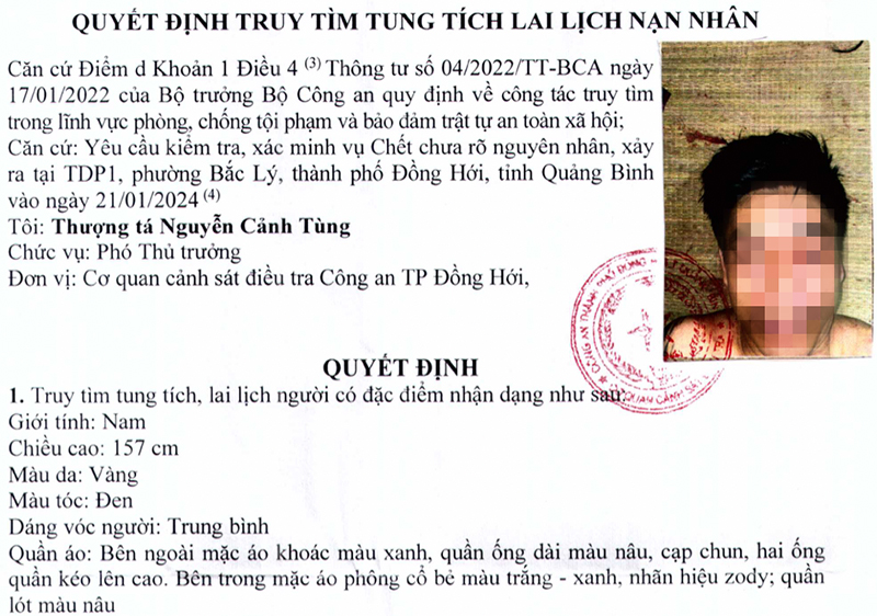 Thông báo tìm tung tích, lai lịch nạn nhân