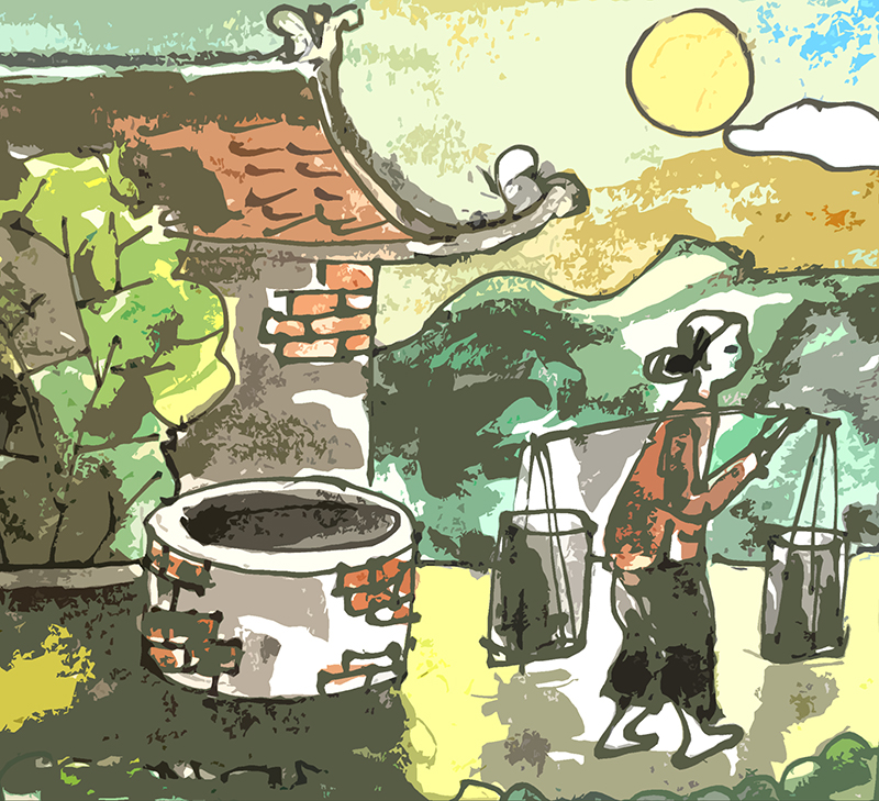 Bà đi gánh nước giếng chùa