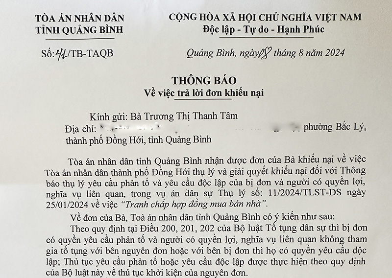 Chánh án TAND TP. Đồng Hới giải quyết khiếu nại chưa đúng thẩm quyền